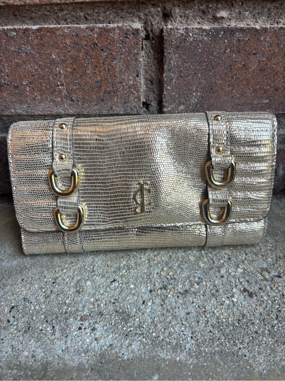 Juicy Couture Metallic Gold Lizard-Embossed Fold-Over Clutch